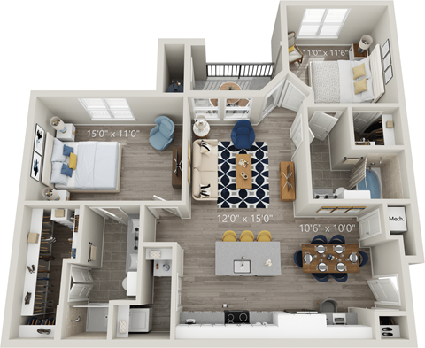 B1 - Luxury two bedroom apartment with living room kitchen with island laundry room two bathrooms with bathtub and shower walk in closet and patio with storage